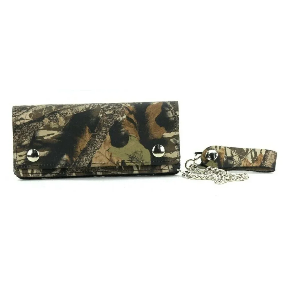 Handcrafted HM Camo Camouflage LEATHER Trucker Biker 7.5"x3" Chain Wallet USA - Picture 1 of 4